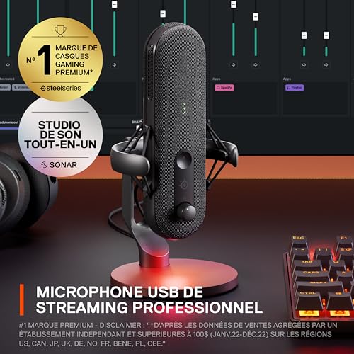 SteelSeries Microphone USB Alias pour PC - Capsule 3X Plus Grande pour Jouer, Streamer et podcaster - Logiciel Audio Sonar pour Streamers - Réduction du Bruit par IA - Support Amortisseur