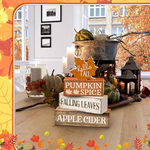 Image of Moucuny 4 Pcs Fall Decor Wooden Maple Leaf Decoration Thanksgiving Tiered Tray Decor Rustic Wooden Maple Leaf Block Sign Thanksgiving Table Centerpiece Farmhouse for Autumn Harvest Party Home Kitchen