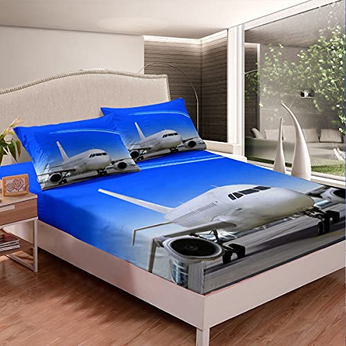 Kids Boys Airplane Bed Sheet Set Cute Sky Aviation Aircraft Runway Bedding Sheets for Girls Cartoon Aircraft Cloud Sky Bedding Fitted Sheet Cool Bed Cover 2Pcs Single Size - Image 2