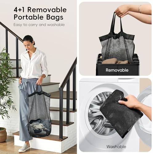 Image of 185L Laundry Hamper 4 Section with Lid | 4 Removable Bags + 1 Extra Large Bag, Switchable 3 /4 Compartment, Laundry Basket Organizer for Bedroom, Laundry Room