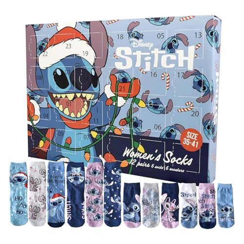 United Labels Disney Lilo & Stitch Adventskalender mit 12 Paar Socken für Damen, Größe 35-41, Kalender mit Sneaker und langen Socken, Weihnachtskalender Geschenk