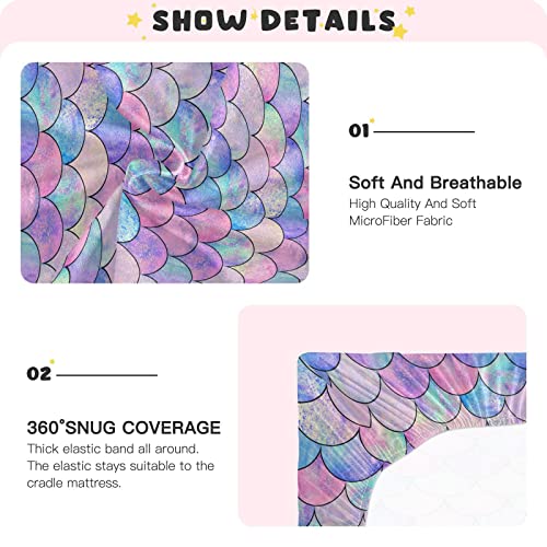 Image of Mermaid Fish Scale Crib Sheets for Boys Girls Pack and Play Sheets Super Soft Mini Crib Sheets Fitted Crib Sheet for Standard Crib and Toddler Mattresses Baby Crib Sheets for Girls Boys, 52x28IN