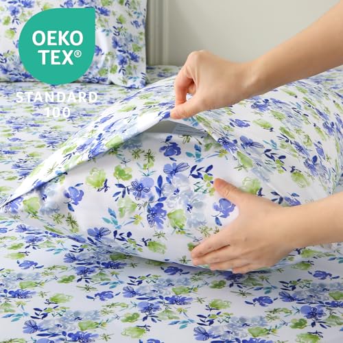 Image of MUXHOMO King Size 4 Piece Sheet Set, Soft & Breathable Sheet for Bedroom with Deep Pocket Up to 16 inch, Wrinkle-Free & Cooling Bed Sheets with Flat Sheet, Fitted Sheet & Pillowcases - Aqua Bloom