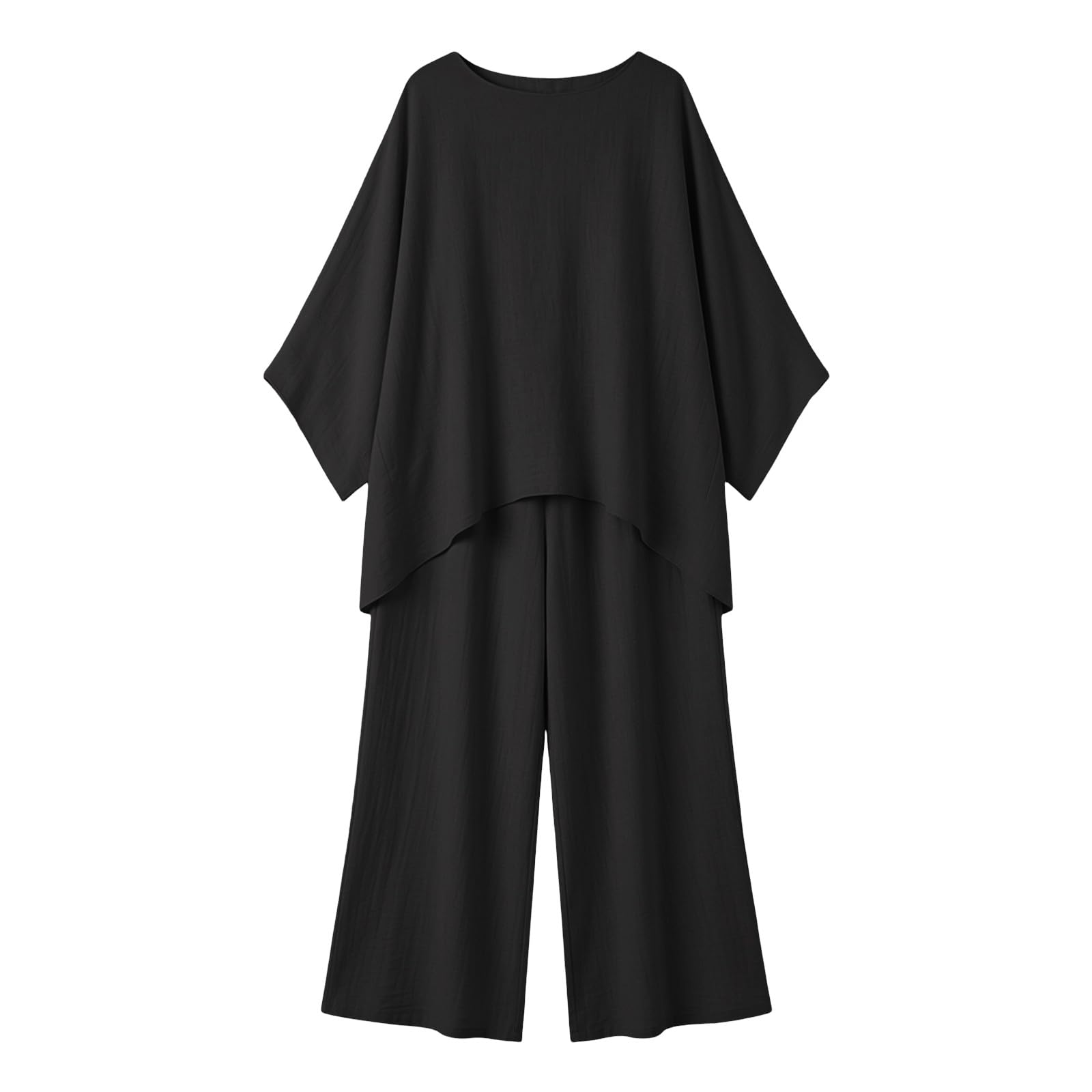 Générique Ensemble 2 pièces femme, haut manches longues uni en lin coton, pantalon large fluide, coupe décontractée design
