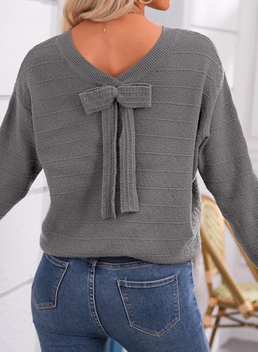 Image of EVALESS Sweaters for Women Long Sleeve Fall Outfits 2026 Back Bow Knot Sweaters Round Neck Solid Knit Pullover Tops