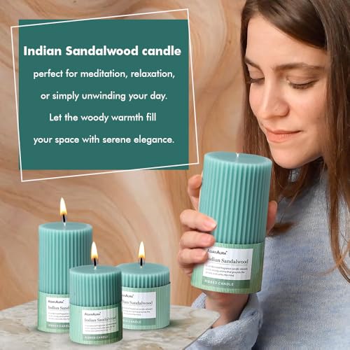 Image of ASIAN AURA Ribbed Pillar Candles - Pack of 3 | Scented Candles for Home Decor, Gifting & Festive Use | Long Burn time up to 36hrs | Clean-Burning Wax & Smokeless Flame (Indian Sandalwood)