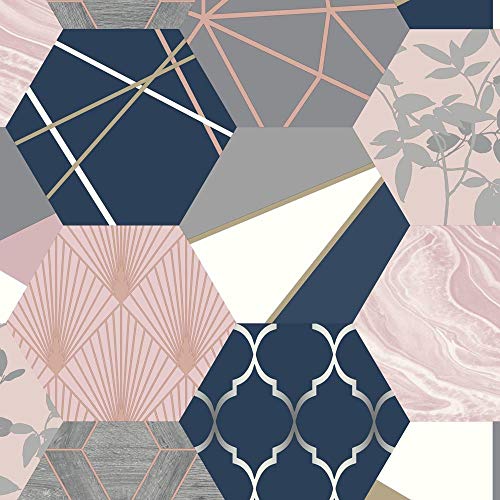 Geo Hexagon Patchwork Wallpaper Pink Blush Navy Grey Gold Metallic Geometric