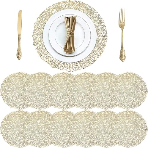 Cedilis 12 Pack 38 cm Round Pressed Vinyl Placemats, Non-Slip, Washable Gold Place Mats, Christmas Wedding Accent Centerpiece Placemat for Dining Table Kitchen Decor