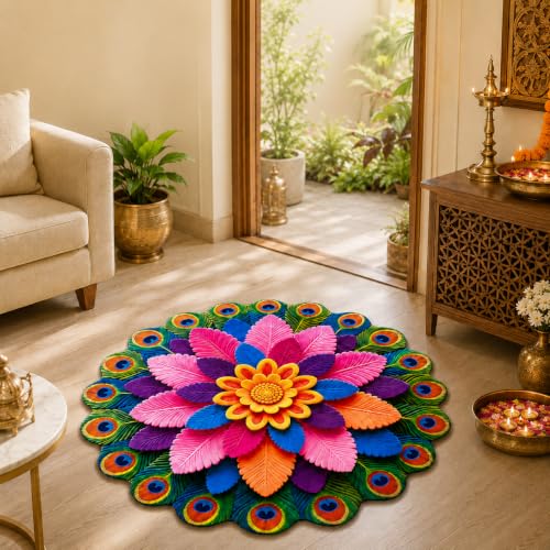 Image of JD FRESH 3D Rangoli Design Door Mat, Colorful Non-Slip 3D Bathroom Mats, Machine Washable, Water Absorbent Floor Carpet for Entryway, Bathroom, Living Room & Bedroom(80 x 80 Cm)