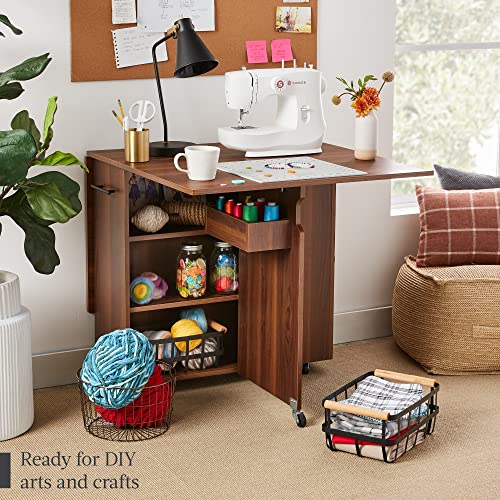 Best Choice Products Folding Dining Table, Multipurpose Collapsible Drop Leaf Extension, Versatile Space Saving Desk Furniture W/Wheels, 3 Storage Shelves, Metal Handle - Brown #TOP3