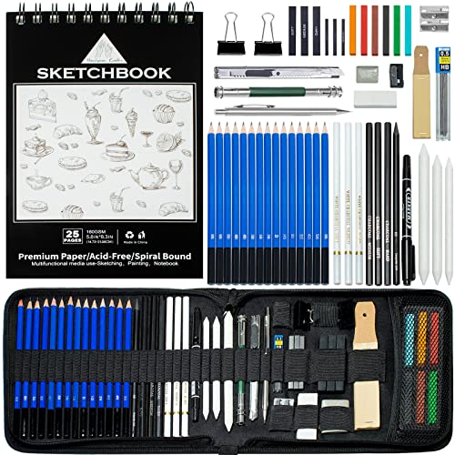 Handyman Crafts 50Pcs Sketching Pencils Drawing Pencils Set Art Supplies | Sketch Pencils,Graphite,Charcoal,Sketch Book,Drawing Supplies | In Black Zipper Case | For Adults,Teeage, Kids 9-12 #TOP23