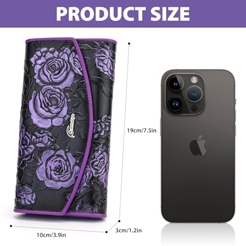 Roses Embossed Genuine Leather Trifold Wallet Purse (Purple)2