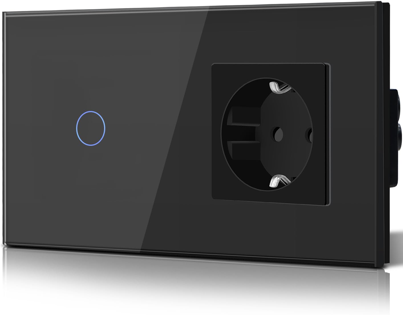 BSEED Touch Lichtschalter mit Steckdose aus Glas, Modern Steckdosen Unterputz, Wandschalter mit LED Hinterlicht (Kein Neutralleiter erforderlich), Kein WLAN, 157mm 1 Fach 1 Weg Schwarz