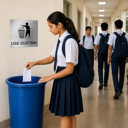 Image of Stainless Steel Dustbin Sign Board for Office, Mall, Restaurant, Hotel & Public Places | Durable, Rust Resistant | 6x8inches