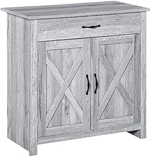 HOMCOM Farmhouse Barn Door Sideboard Storage Cabinet Coffee Bar for LIVING Room Grey Grain
