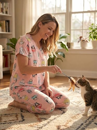 Image of CHUNG Women Cotton Pajama Sets Sleepwear pjs Short Sleeve Shirt Capri Length Crop Pants Cute Vivid Print