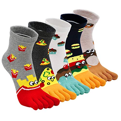 Chaussettes 5 Doigts Femme Coton Chaussettes Orteils Séparés Running Chaussette Doigt de Pied Sport Femme Fantaisie Drole Motif à Animaux Chat Chien Taille 36-41(4-7),Snack-5 paires
