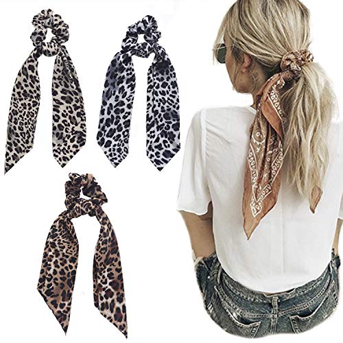 pureluca 3Pcs Leopard Print Scarf Scrunchie Silk Satin Hair Scarves Elastic Hair Bands Bohemian Style Ponytail Holder Ties Vintage Hair Accessories for Women Girls (Style 1)