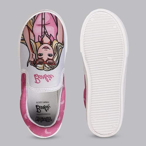 Image of Kidsville Official Barbie Printed Kids Girls Canvas Shoes - White | Lightweight Sole, Super Flexible, Comfortable Indoor and Outdoor Slip On Lofer Shoes for Kids
