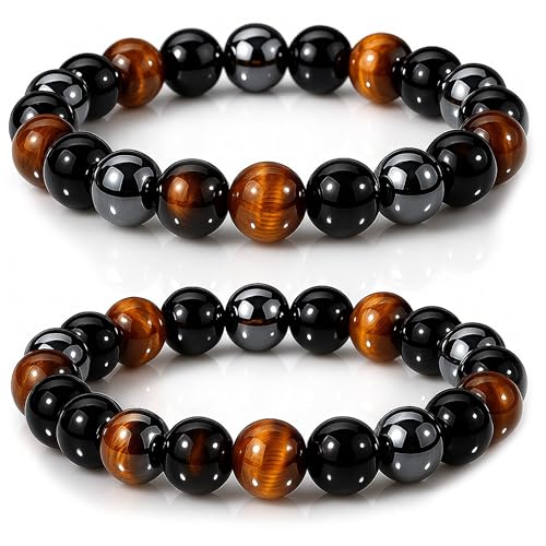 WFJ Black Obsidian Hematite Triple Protection Bracelets Set - Tiger Eye Beaded Natural Stone...