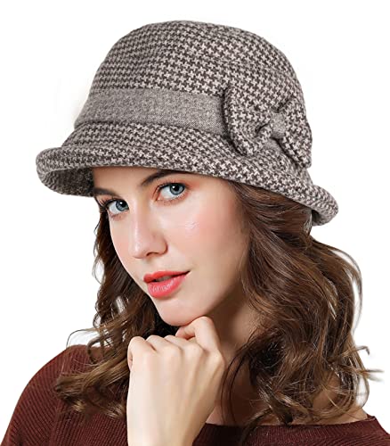 Adigaber Gorro para Mujer Cálido Sombrero de Bolos para Mujer de los años 20 Nudo de Lazo Ajustable