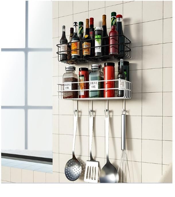 Image of Xmart India Bathroom Shelf for Wall, Self Adhesive Bathroom Organiser, 4 Hooks for Towel Holder, Wall Mounted Bathroom Shelf, Bathroom Organiser Without Drill Kitchen Organizer Rack(1 Pc, Black)