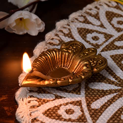 Indian Shelf 6 Piece Handmade Golden Brass Leaf Intricate Design Oil Lamps Diya