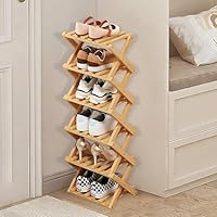 kiss me 6 Tier Bamboo Foldable Shoe Rack Small,Vertical Wooden Shoe Racks,Small Shoe Rack for Narrow Space Without Installation, Indoor for Hallway, Entryway,Corner,Bedroom (Natural-6 Tier)