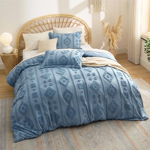 Image of Bedsure Boho Tufted Blue Comforter Set Queen Size, GentleSoft 3 Pieces Boho Farmhouse-Style Decor Bedding, Exquisite Bedding for All Seasons, 1 Bed Comforter, 2 Pillow Shams, 90x90 Inches