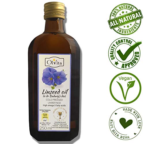 Ol'Vita: Aceite de semilla de lino virgen - Aceite de linaza prensado en frío - Puro crudo natural sin pesticidas - Dieta del Dr. Budwig suplemento dietético 250ml