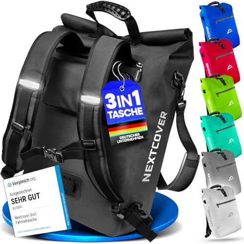 Nextcover® NEU 3in1 Fahrradtasche für Gepäckträger [PVC frei] - Gepäckträgertasche, Fahrradtasche Rucksack und Umhängetasche 25L I Fahrrad Tasche wasserdicht, Fahrradtaschen Gepäckträger