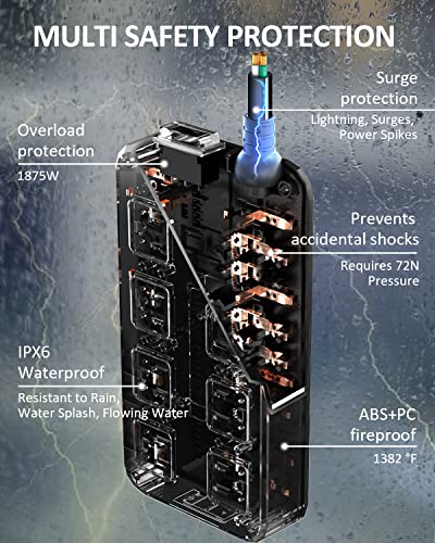 Image of QIYUAN IPX6 Waterproof Outdoor Power Strip, Overload Protector with 8 Outlets & 3 USB Ports (2A1C), 10FT Flat Plug Extension Cord for Garden Patio - Fireproof ABS, Black