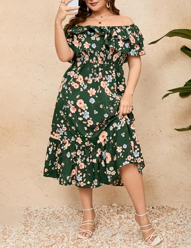 Image of KOJOOIN Women Plus Size Off Shoulder Maxi Dress Ruffle Flowy Casual Summer Boho Long Dresses