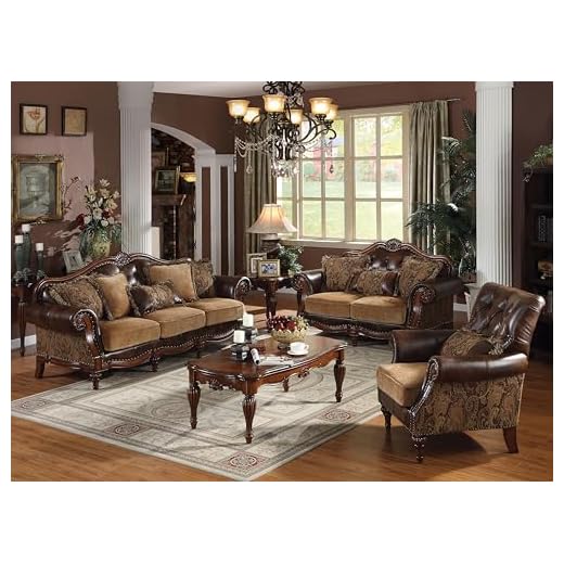Brand 4-Piece Formal Living Room Set: Luxury Sofa, Loveseat, Single Chair and Coffee Table - Brown and Chenille