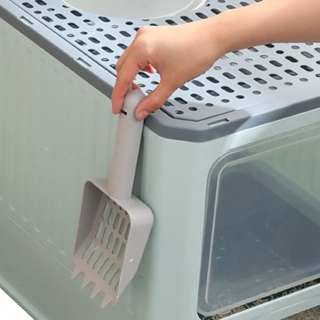 Foto 7 de 8 de Arenero para gatos cerrado, gran caja de arena plegable con techo a abrir, bandeja y pala extraíbles