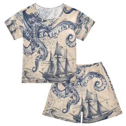 ALAZA Vintage Nautical Octopus Map Watercolor Pajamas Set Short Sleeve Cotton Sleepwear Summer Pjs 2 Piece 5-14Y