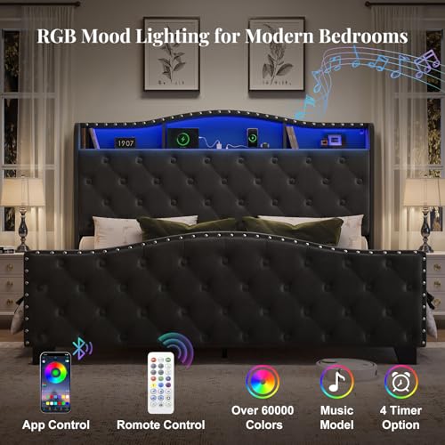 Image of Belffin Queen Size Bed Frame and Headboard, 50.9 inch Velvet Upholstered Wingback Bedframe with LED Lights & Storage /Charging Station, Button Tufted Tall Footboard, No Box Spring Needed, Noise-Free, Black