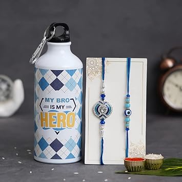 Bean Pole Rakhi Gift For brother, 2 Rakhi With Printed Sipper Combo | 600 ML | Pack of 5 (Greeting Card , Roli Chawal , 2 Rakhi , Printed Aluminium Bottle) | Rakhi For Brother Combo (PS-06)