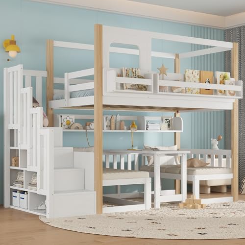 Litera de 90 x 200 cm, color blanco y natural, madera de pino MDF con mesa plegable, estantería para escaleras, espacio de almacenamiento, cama funcional para habitaciones de invitados, estudio (sin