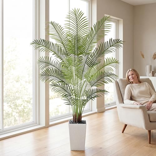 Image of 7ft Artificial Palm Tree with White Planter - Tall Fake Palm Tree Indoor Fake Tropical Plant for Home Office Living Room Bedroom Modern Decor