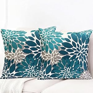  Decorative-Throw-Pillow-Covers-Set-of-2-Teal-Blue-Pillow-Covers-18x18-Inch-Couch-Pillow-Covers-for-Sofa-Living-Room-Outdoor-Throw-Pillow-Cover-Linen-Floral-Flower-Farmhouse-Pillowcase