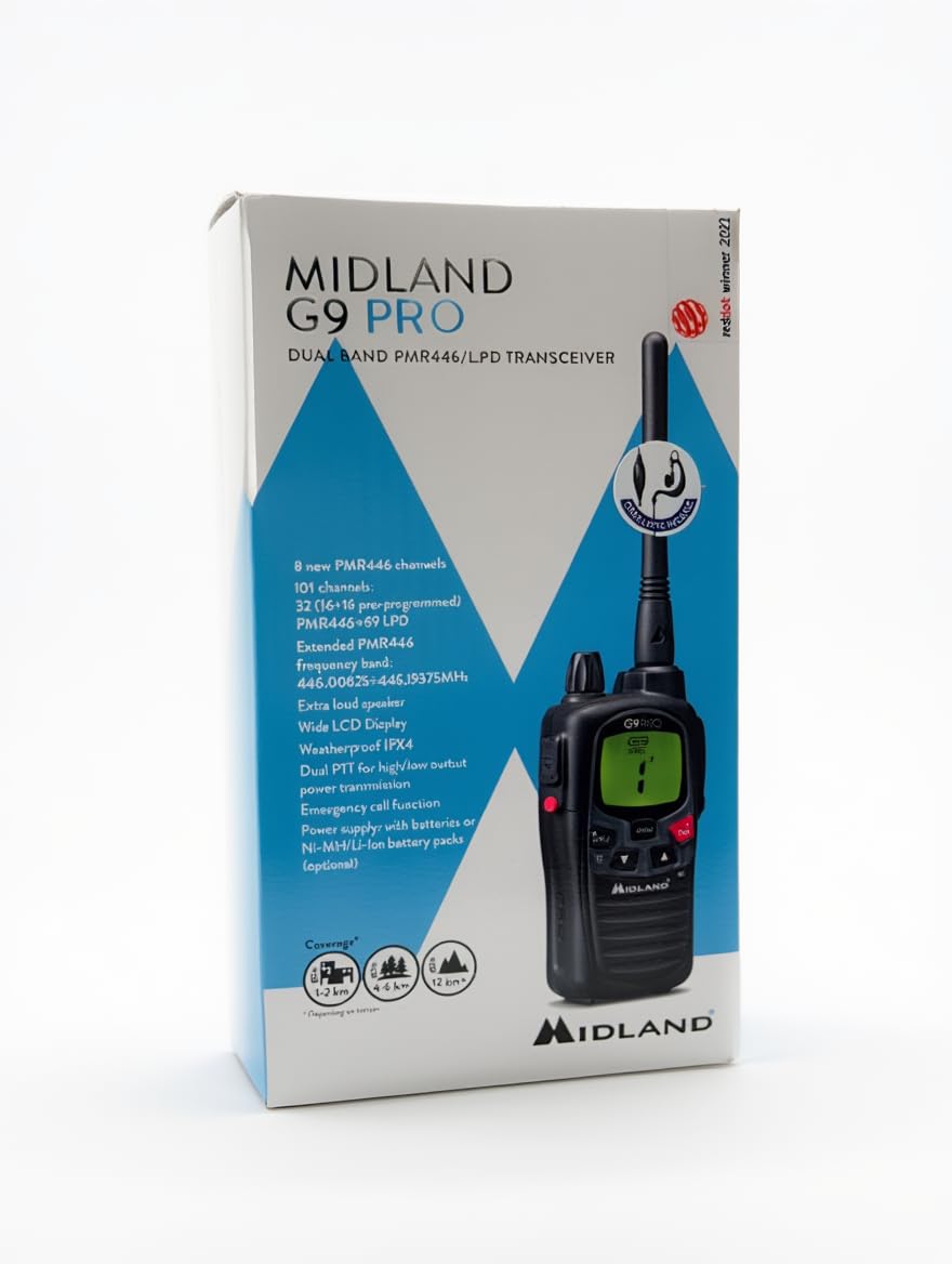 Midland G9 Pro + Oreillettes MA21-L Pro C1385.06 - Talkie Walkie Longue Portée 12Km Professionnel avec oreillette Compatible, Étanchéité IPX4, 101 Canaux (32 PMR446/69 LPD), Autonomie 23H