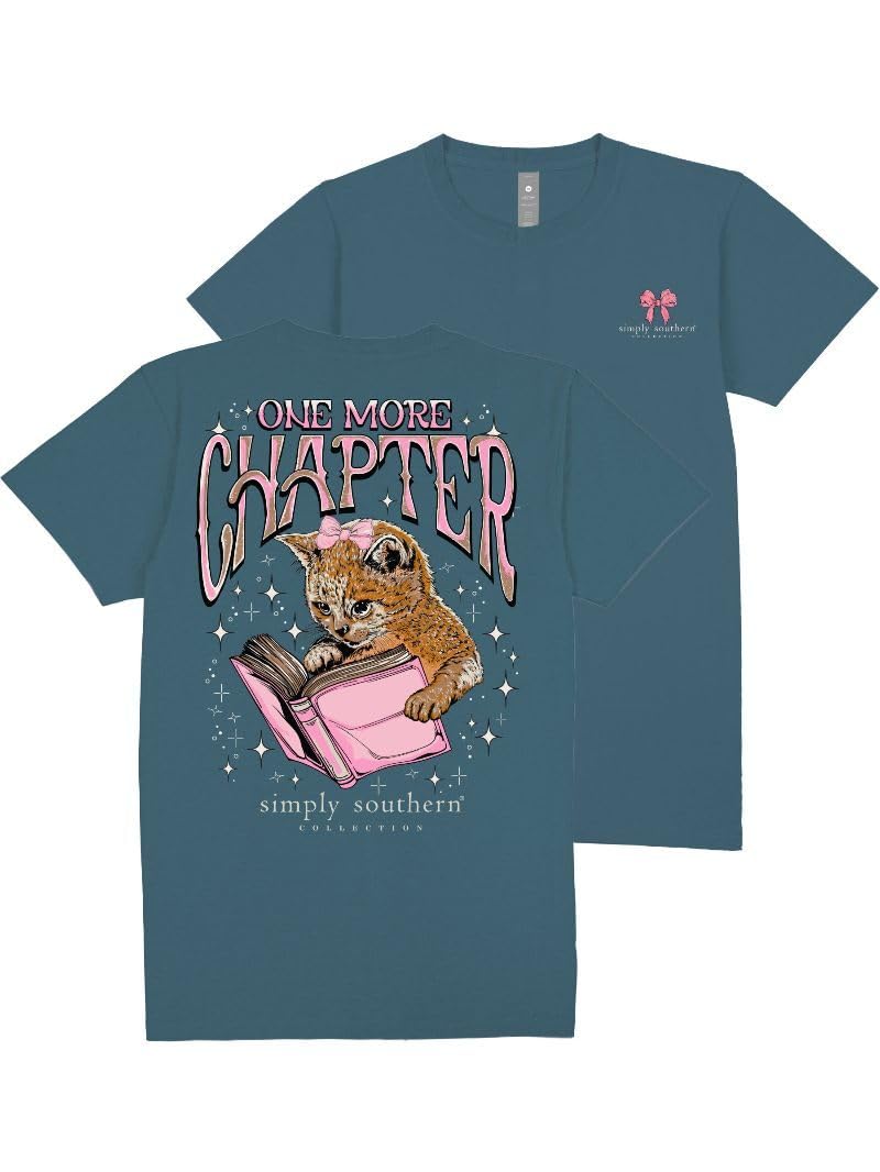 Simply Southern One More Chapter, Cat Reading Book, Bow, Stars, Adult T-Shirt