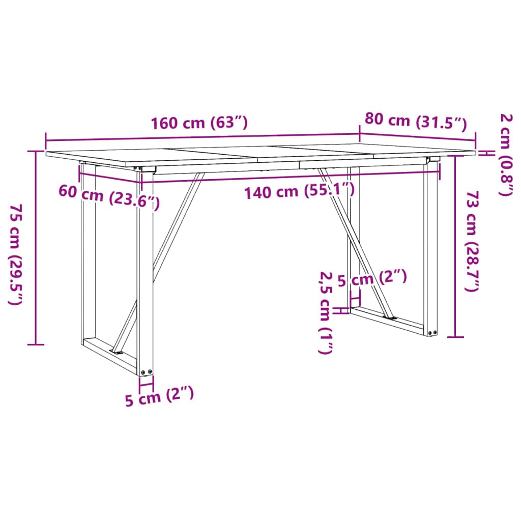 Table à manger avec cadre en O - 160 x 80 x 75 cm - Bois massif de pin et acier revêtu par pulvérisation - Structure robuste - Pour salon et salle à manger - Table familiale pour petit-déjeuner