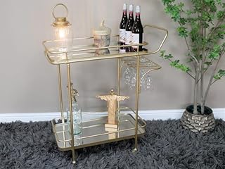 Gold Metal Drinks Trolley on Wheels With Mirrored Tops Wine Tea Bar Mancave Pub, H: 90cm W: 81cm D: 39cm