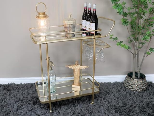 Gold Metal Drinks Trolley on Wheels With Mirrored Tops Wine Tea Bar Mancave Pub, H: 90cm W: 81cm D: 39cm