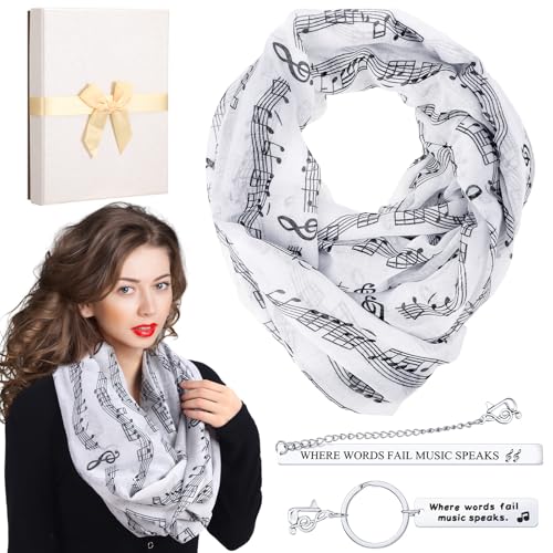 Geyoga 4 Pcs Music Lover Gifts for Women Include Music Note Infinity Loop Scarf Keychain Keyring Bookmark with Present Box Inspirational Teacher Birthday Gifts for Singers Piano Teacher