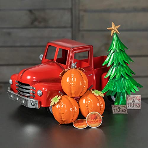 Image of Zaer Ltd. Metal 18.5 inch Long Multi-Seasonal Christmas and Harvest Pickup Truck with Metal Tree, Pumpkins, and Matching Side-Magnet Sets (Glossy Red)