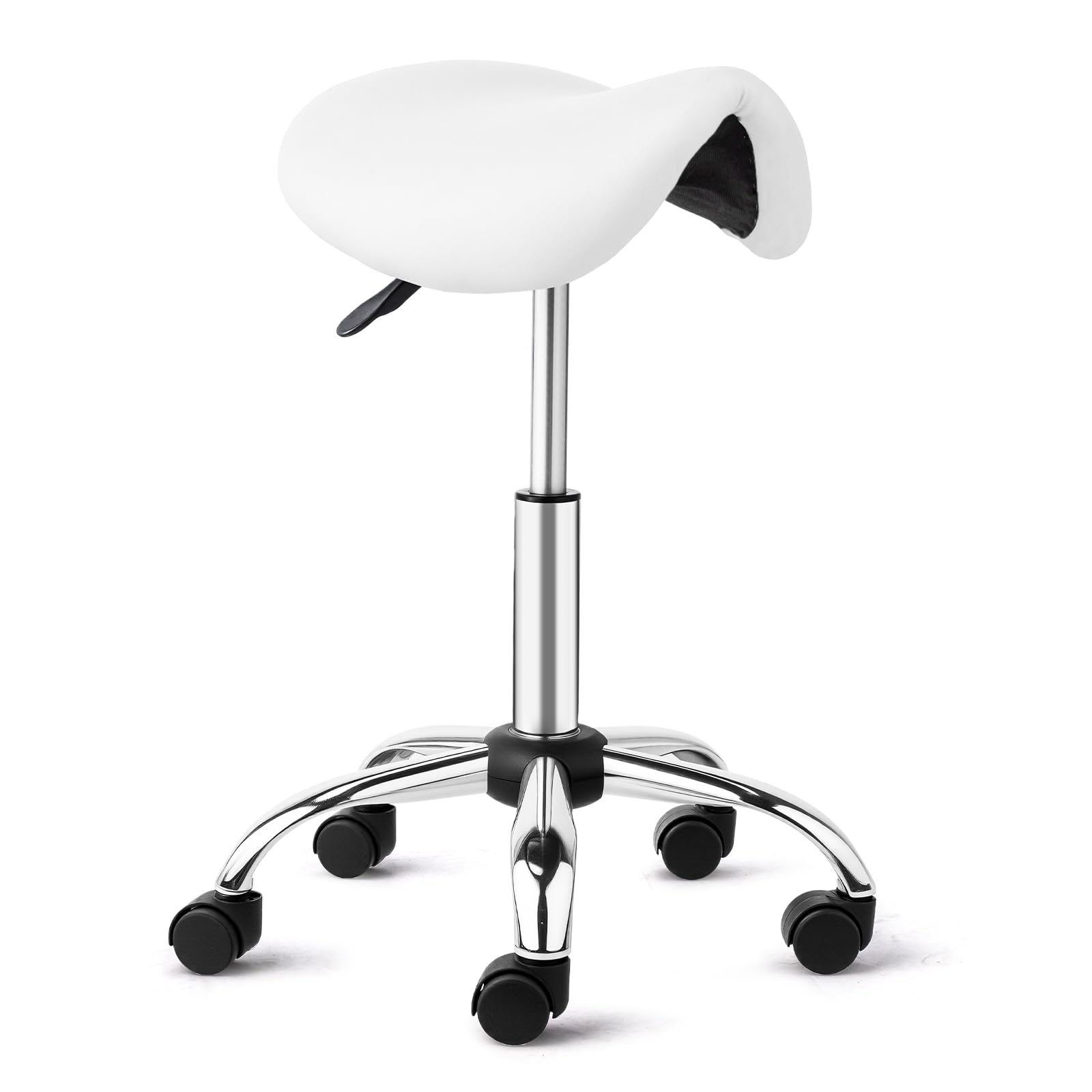 Bonnlo Saddle Stool with Wheels - Height Adjustable Swivel Stool - for Salon Massage Home Kitchen Clinic, Weight Capacity 400lbs, White, Sliver Legs