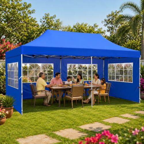 Image of 10x20ft / 3x6m Pop up Outdoor Canopy Tent | Portable Shade Instant Folding Gazebo Tent | Heavy Duty Gazebo Canopy Shelter 2 Mins Installation | 40Kgs (Classic Blue with with 3 Window Side Walls)